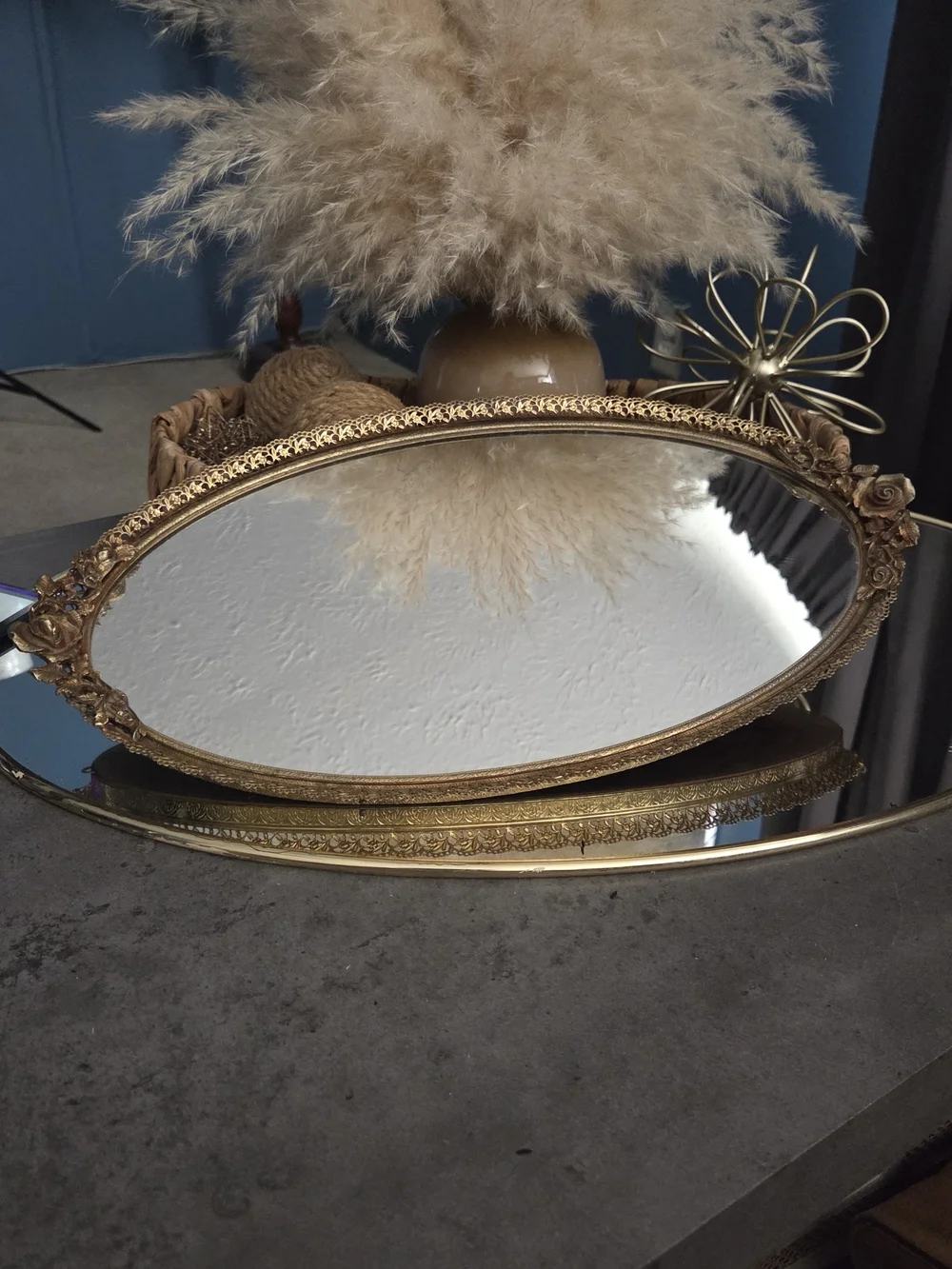 1960s 24 Karat Gold Plated Matson Golden Rose Ormolu Vintage Vanity Mirror Tray